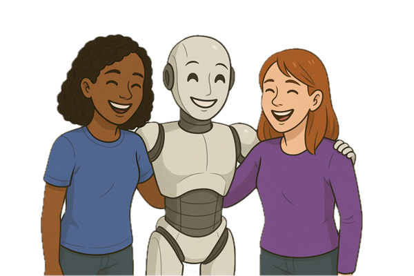 Two women and a robot standing arm in arm